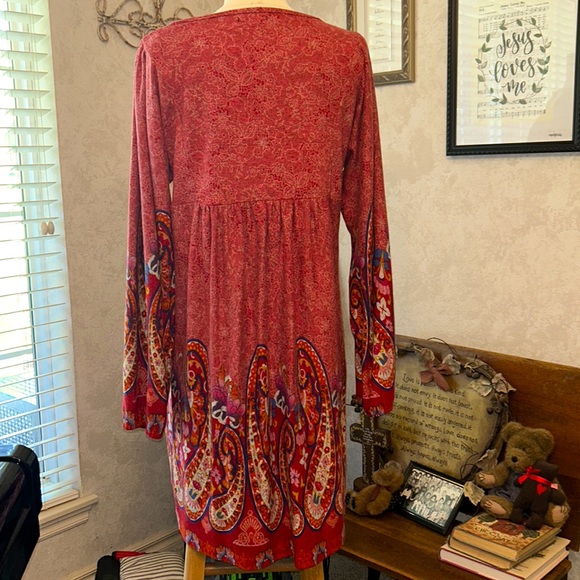 🆕NWOT🌻BOHO PAISLEY DRESS🍁Notch Neck❤️Brick Red Base Size Large - Picture 4 of 11